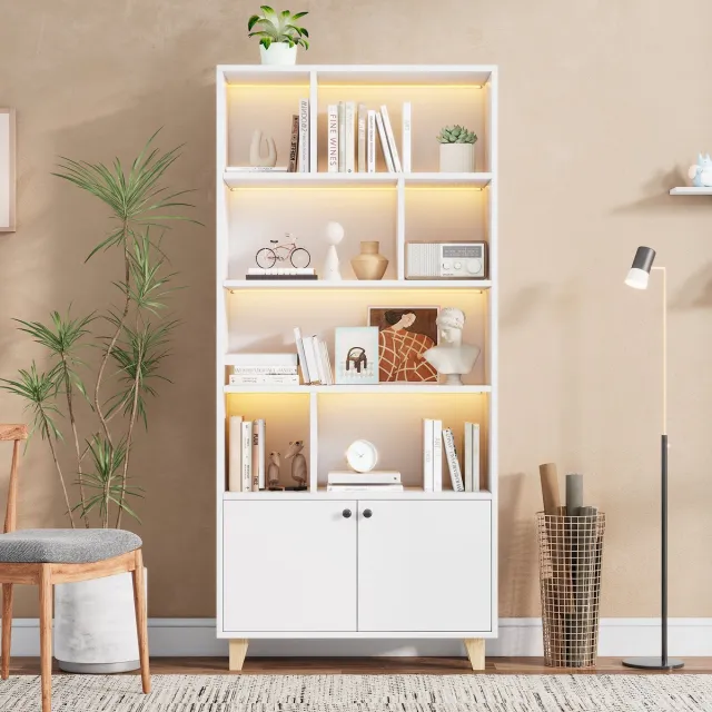 Clruro Boekenkast - 80x30x173 cm - met LED-kleurwissel - Massief Houten Poten - Hout - Wit