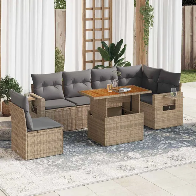 vidaXL 7-delige Loungeset met kussens poly rattan beige, foto 2