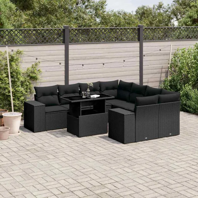 vidaXL 9-delige Loungeset met kussens poly rattan zwart, foto 2