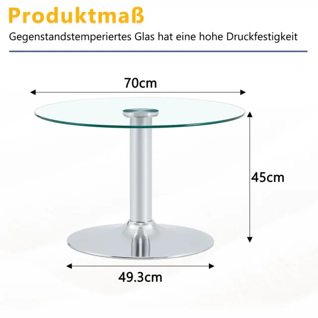 FloraGrace Salontafel - Ronde Glazen Bijzettafel Met Geharde Glasplaat En Metalen Onderstel - Modern Voor Woonkamer - Silver - 70 Cm