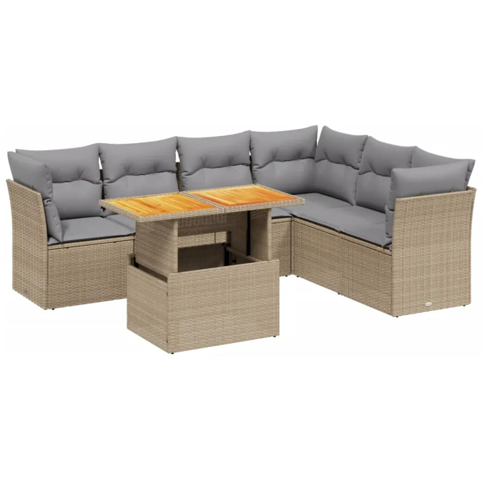 vidaXL 7-delige Loungeset met kussens poly rattan beige, foto 3