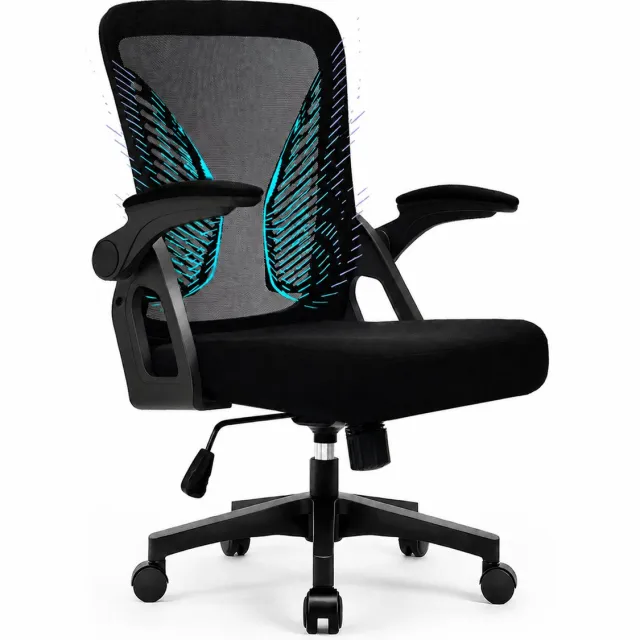 Durrafy Milacyee Bureaustoel – Ergonomische Bureaustoel met Mesh Rugleuning – 90° Opklapbare Armleuningen – Verstelbare Lendensteun – Bureaustoel voor Volwassenen – Zwart M03