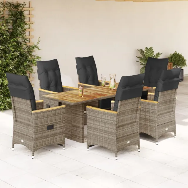 vidaXL 7-delige Bistroset met kussens poly rattan grijs, foto 2