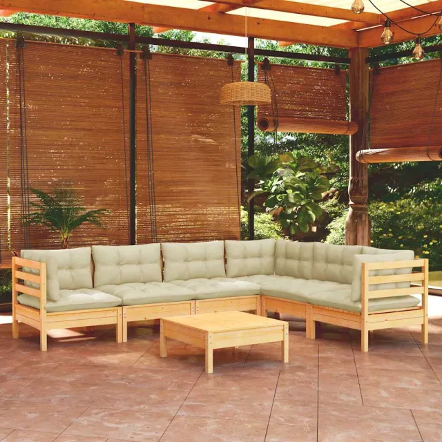 vidaXL 7-delige Loungeset met crèmekleurige kussens massief grenenhout, foto 2