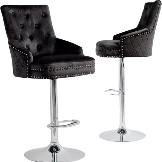 Happiq Barkrukken Luxe Valora - Set van 2 - Met rugleuning - Zwart - Velvet - Verstelbaar - Voor Keuken, Bar of woonkamer - Draaibaar