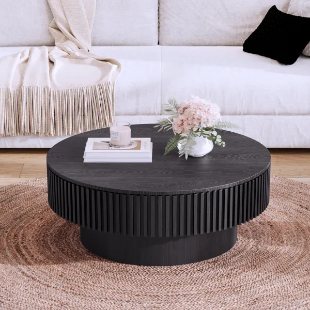 Wishdor Ronde Salontafel met Verborgen Opbergruimte - Geribbeld Design - Houtfineer - Zwart - Ø75x35 cm