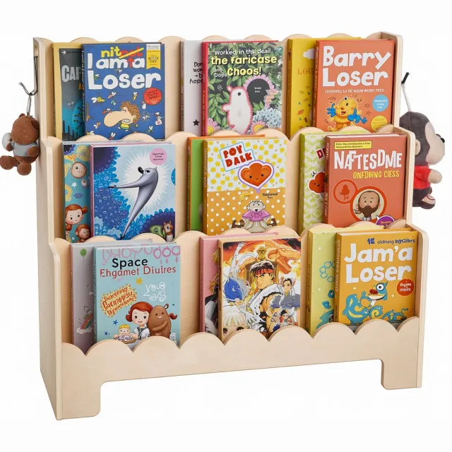 Vevor Montessori Boekenplank 3-laags Kinderboekenplank met Gegolfde Rand, Boekenplank Aan de Voorkant met Dubbele Haken, Babyboekenplank Kinderkamerplank voor Kleuterschool Kleuterschool, Lichtbruin