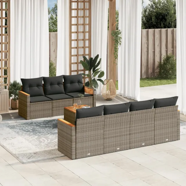 vidaXL 8-delige Loungeset met kussens poly rattan grijs, foto 2