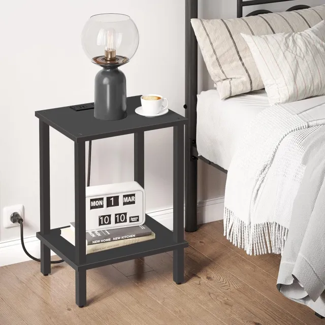 Hoppa! Bijzettafel met laadstation, set van 2, bijzettafel met USB-poorten en -uitgangen, nachtkastje, opbergplank met 2 niveaus, salontafel voor kleine ruimte, woonkamer, slaapkamer Black