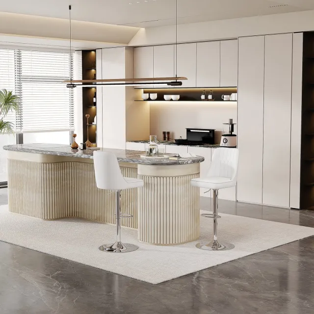 Clruro Barkruk Set - 2 Stuks - Steppatroon Rug - 360° Draaibaar - PU-Leer + Metaal - Wit/Zilver Wit + zilver