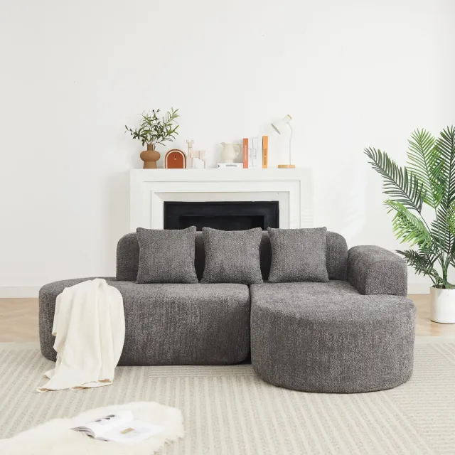 FloraGrace Hoekbank 3-Zits - Rechter Chaise Longue Met 3 Rugkussens - Rond Wabi-Sabi Design Voor Woonkamer - Chenille - Grijs