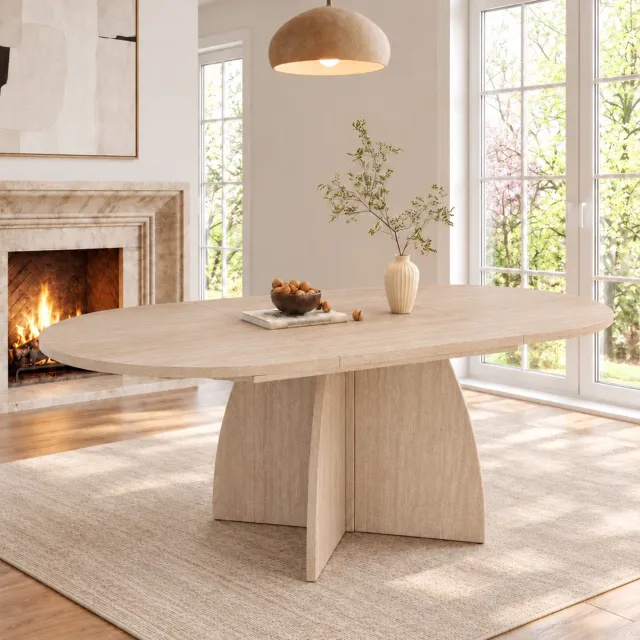 HAUSS SPOLE Eettafel - Uitschuifbaar Van 120 Tot 180 Cm - Ovaal Met Afgeronde Randen - Voor 4 Tot 8 Personen - MDF - Travertinlook - 180x90x75 Cm Beige (travertinlook)