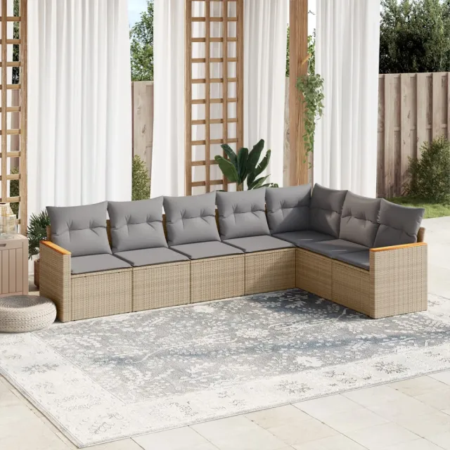 vidaXL 7-delige Loungeset met kussens poly rattan gemengd beige, foto 2