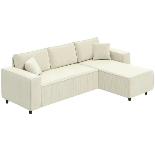 ZYLARO Hoekbank 3-zitsbank met Chaise Longue - Woonkamerbank met Corduroy Hoes - 2 Extra Kussens - Gestoffeerde Bank - Crèmewit