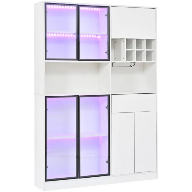 City long dragon LONG DRAGON Moderne Landelijke - Vitrinekast - 140x30x200 cm - Wit met LED verlichting - 7 deuren, 1 lade, wijnrek en glazenhouder