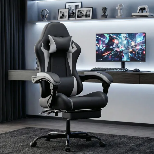 MIVRAY Gamingstoel 66 x 78 x 127 cm - Ergonomisch Met Hoofdsteun, Lendenkussen En Uitschuifbare Voetsteun - Voor Kantoor En Gamen - Kunstleer Zwart Wit