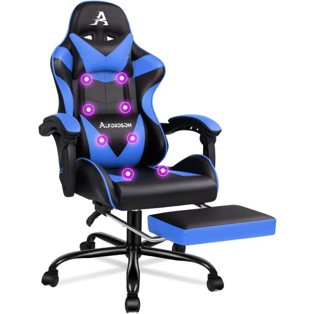 Alfordson Bequemer & Massage-Gamer-Stuhl: Verstellbare Rückenlehne (90°-150°) + 8-Punkt-Massage. Optimale Unterstützung für Kopf, Schultern & Taille. Ideal für Arbeit, Gaming & Entspannung. blauw