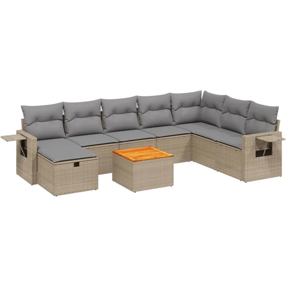 vidaXL 9-delige Loungeset met kussens poly rattan gemengd beige, foto 3