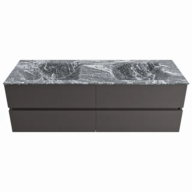 Mondiaz VICA-DLUX 150cm badmeubel onderkast Dark grey 4 lades. Inbouw wastafel CLOUD dubbel zonder kraangat, kleur Lava.