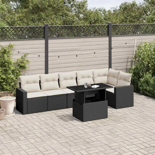 vidaXL 7-delige Loungeset met kussens poly rattan zwart, foto 2