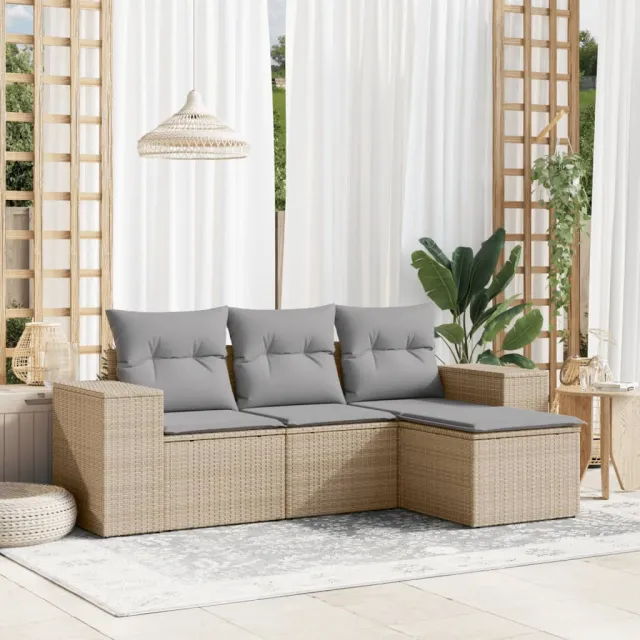 vidaXL 4-delige Loungeset met kussens poly rattan beige, foto 2