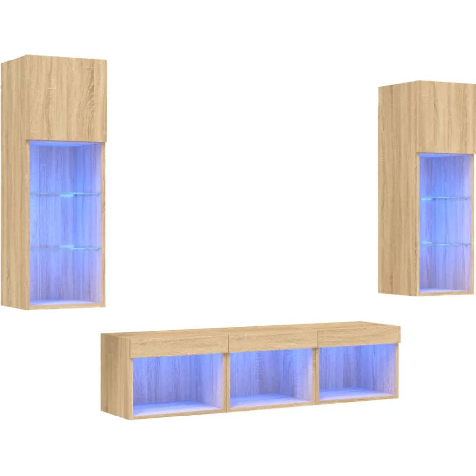 vidaXL 5-delige Tv-wandmeubelset met LED bewerkt hout sonoma eiken Bruin