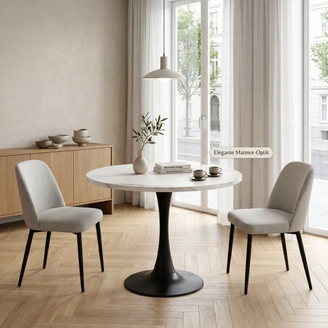 Clruro Ronde Eettafel - 80 cm - Ronde Eettafel Marmer Look met Metalen Poot voor 2-4 Personen - MDF en Metaal - Wit Marmer Look Zwart