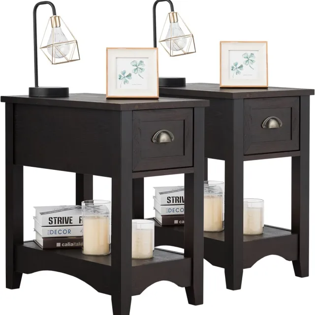 Costway Set van 2 bijzettafels met lade en plank, 2 verdiepingen tellende salontafel, smal nachtkastje, koffietafel voor woonkamer, slaapkamer, 56 x 33 x 58,5 cm (walnoot)