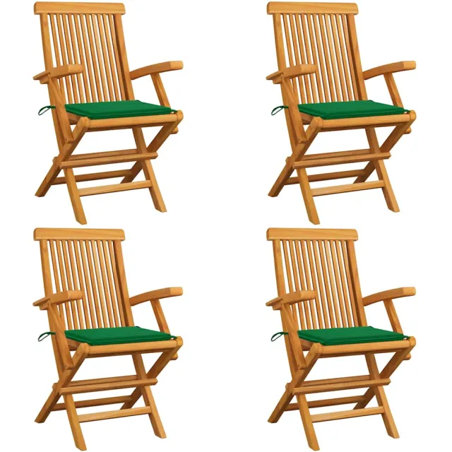 vidaXL Klapstoelen met groene kussens, 4 stuks, massief teakhout