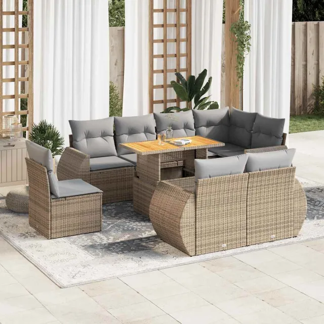 vidaXL 9-delige Loungeset met kussens poly rattan beige, foto 2
