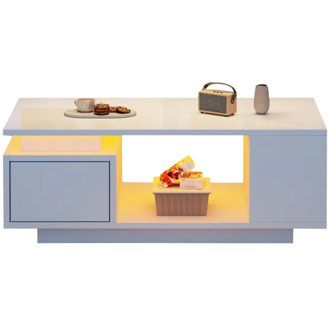 Merax Salontafel 100 x 50 x 36 cm Wit Hoogglans - Met Lade - 4 Zijvakken - Open Middenvak - Led-Verlichting - Moderne Koffietafel - Woonkamertafel