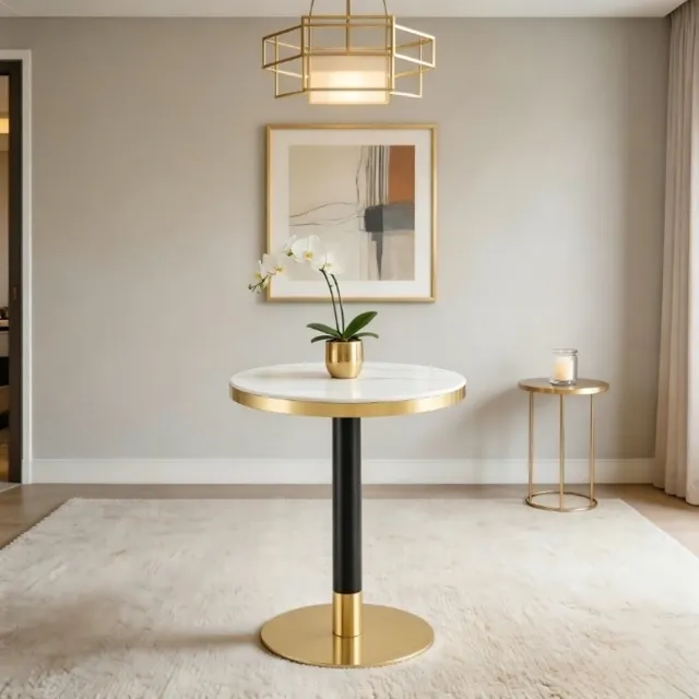 WUVRIE Ronde bijzettafel Ø 60 cm - Marmerlook met gouden rand - Wit