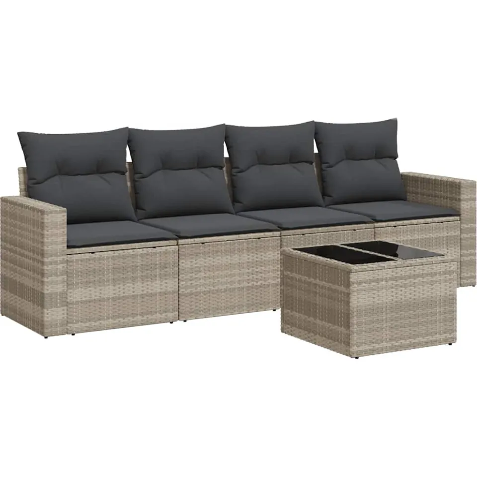 vidaXL 5-delige Loungeset met kussens poly rattan lichtgrijs