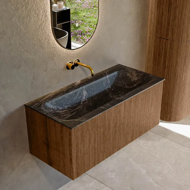 Mondiaz KURVE-DLUX 100 cm Onderkast Greeploos 1 Lade Zonder Deuren Walnut, Wastafel Solid Surface Volledig Lava 0 Kraangaten Zonder Spiegel (KRVBGM1001L0D0KM-Wal/Lav)