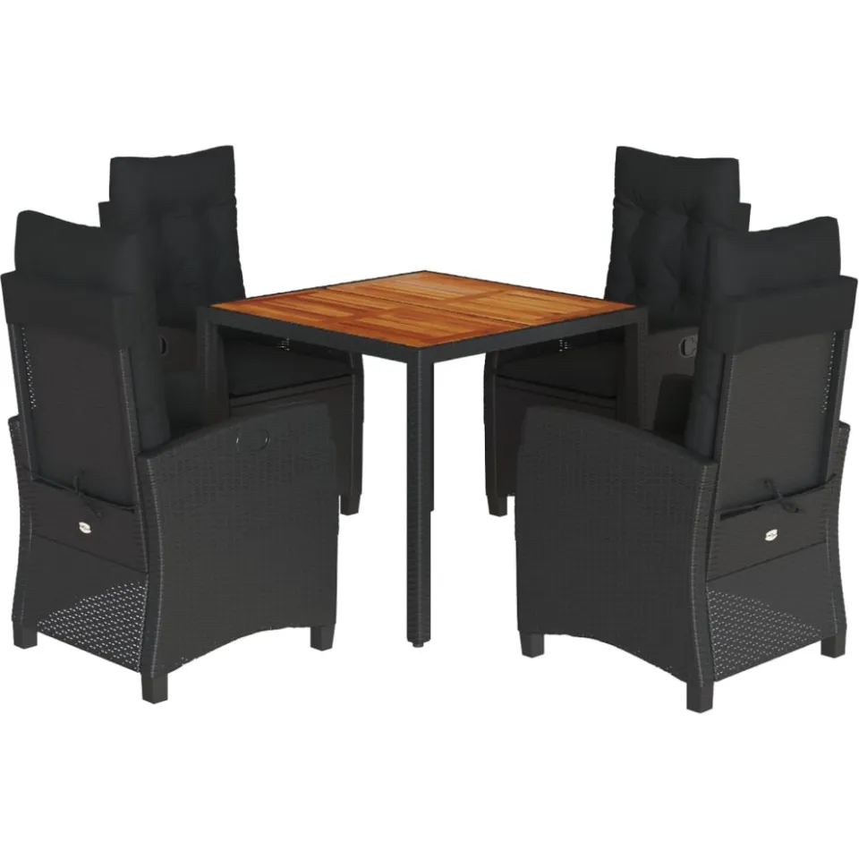 vidaXL 5-delige Tuinset met kussens poly rattan zwart