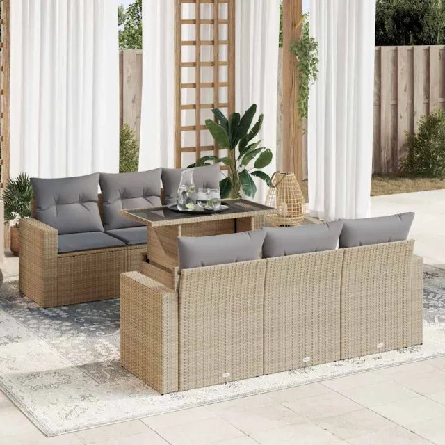 vidaXL 7-delige Loungeset met kussens poly rattan beige, foto 2