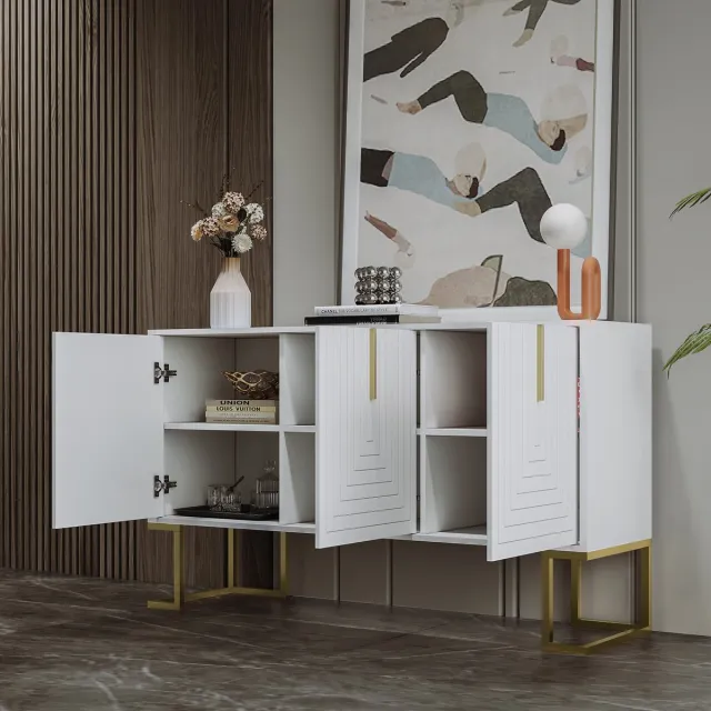 STILVORA Dressoir - 3-Deurs Opbergkast Met Verstelbare Planken En U-Vormige Deur - MDF - Gouden Grepen L-Vormige Metalen Voet - 44.6x52.5 cm - Wit