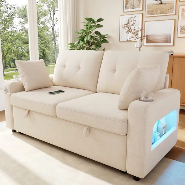 MODENUIT Slaapbank 2-Zits - Met LED Verlichting, USB En Type-C, Bekerhouder En Opbergruimte - Beige