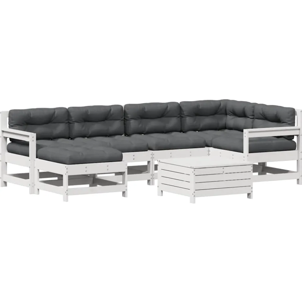 vidaXL 7-delige Loungeset met kussens massief grenenhout wit