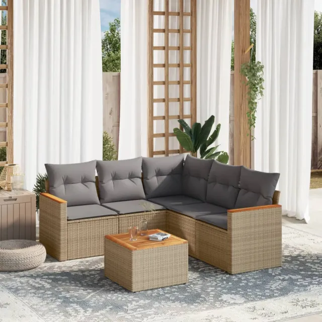 vidaXL 6-delige Loungeset met kussens poly rattan gemengd beige, foto 2