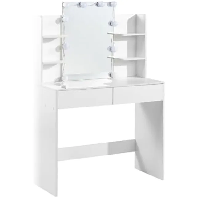 Ginhow Make-uptafel met ledverlichting en 2 laden, 90 cm breed, witte kaptafel, moderne kaptafel, 125 x 40 x 90 cm