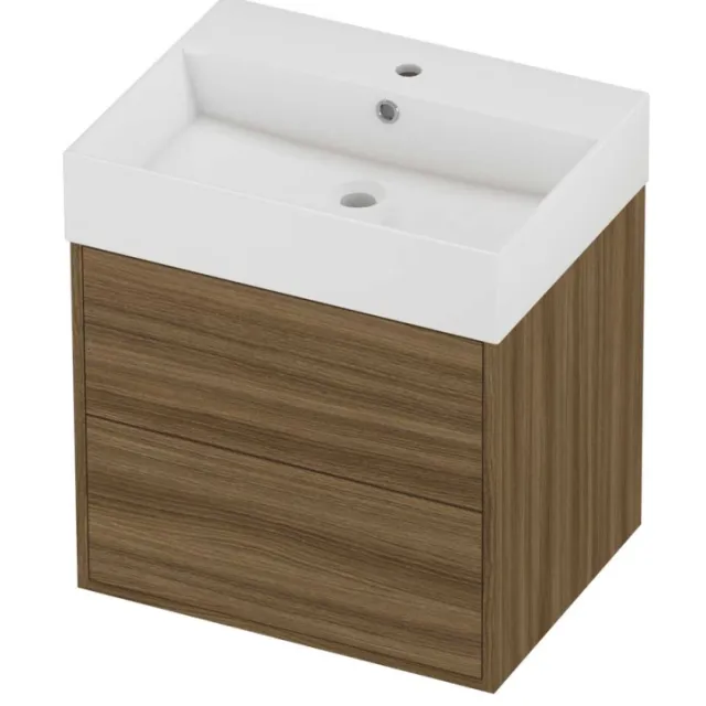 Proline Zara Badmeubelset Porselein Loft 1 Kraangat 60x46x65 cm Glans Wit Caramel Walnut Houtlook