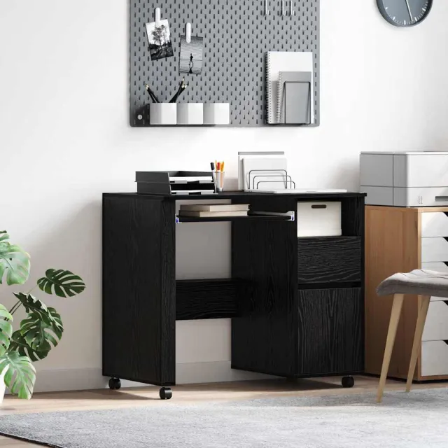vidaXL Bureau met Wielen Zwart Eiken 91 x 50 x 77 cm Bewerkt hout, foto 2