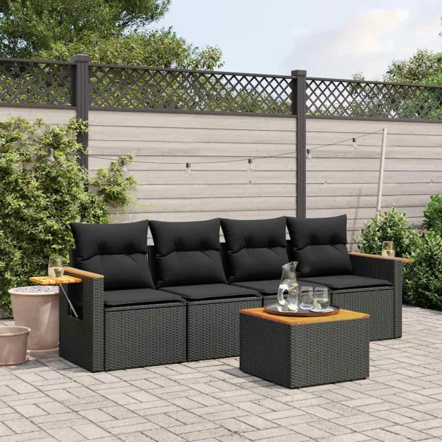 vidaXL 5-delige Loungeset met kussens poly rattan zwart, foto 2