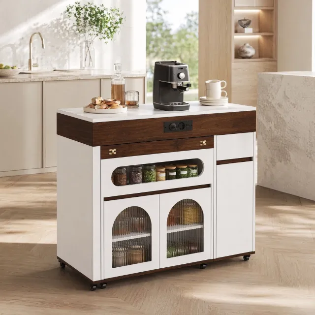MEUNIQ Uitschuifbare eettafel en keukeneiland op wielen, 50,5-187,5 x 110,5 x 95,5 cm, met stopcontacten, lade en glazen kastdeuren, wit en walnoot Wit + walnootkleur