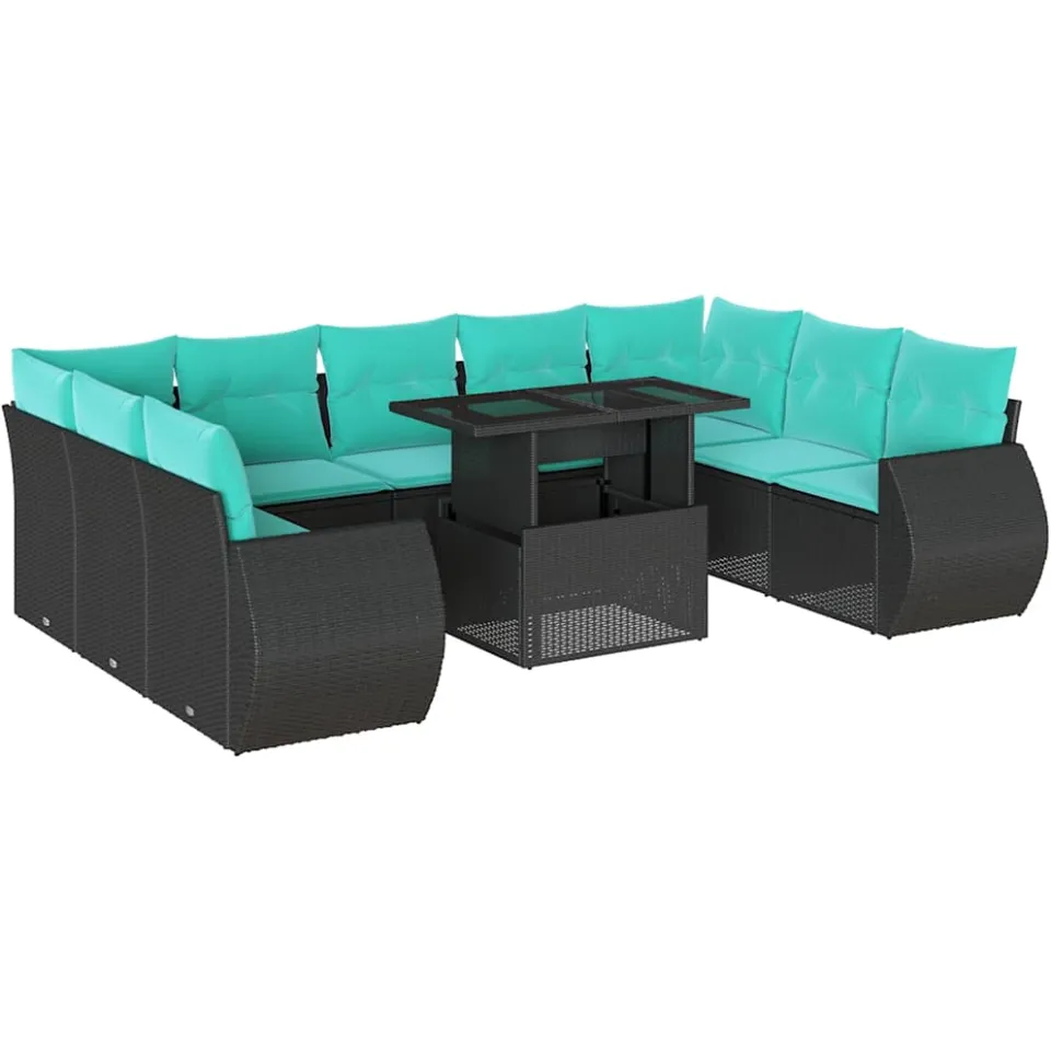 vidaXL 10-delige tuinbankset met kussens van zwart polyrotan, foto 3