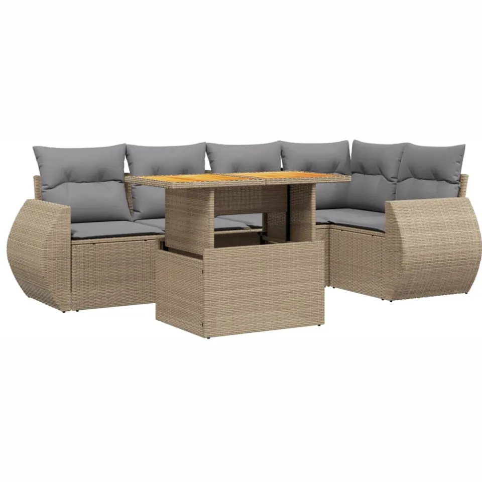 vidaXL 6-delige Loungeset met kussens poly rattan beige, foto 3