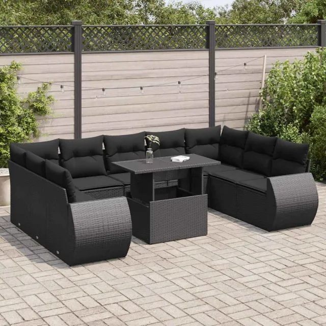 vidaXL 10-delige Loungeset met kussens poly rattan zwart, foto 2