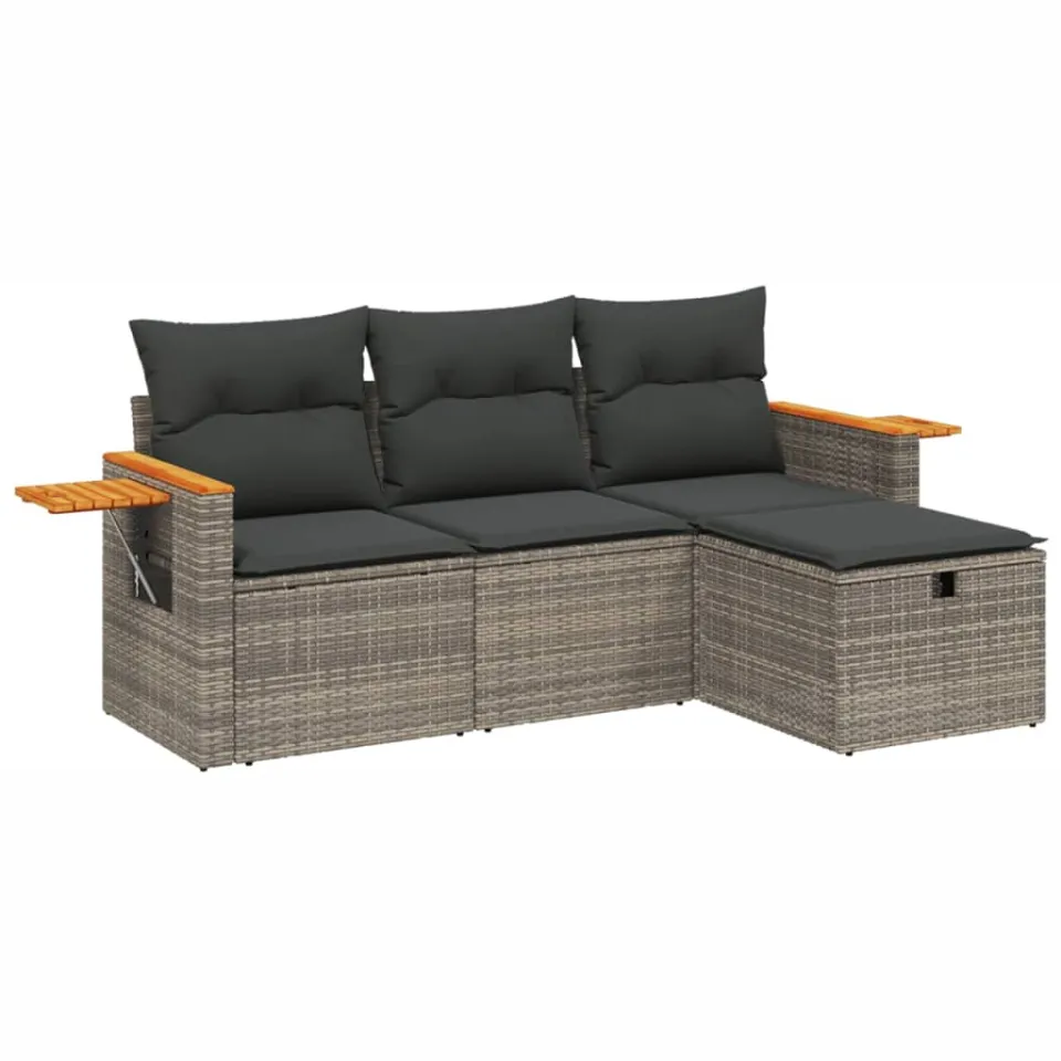 vidaXL 4-delige Loungeset met kussens poly rattan grijs, foto 3