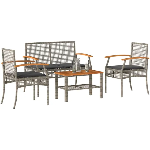 vidaXL 4-delige Loungeset met kussens poly rattan grijs